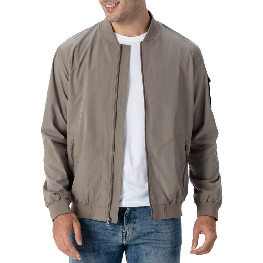 Men's 01 Khaki Bomber Jacket Causal Stylish Fashion Front Zippered Pockets